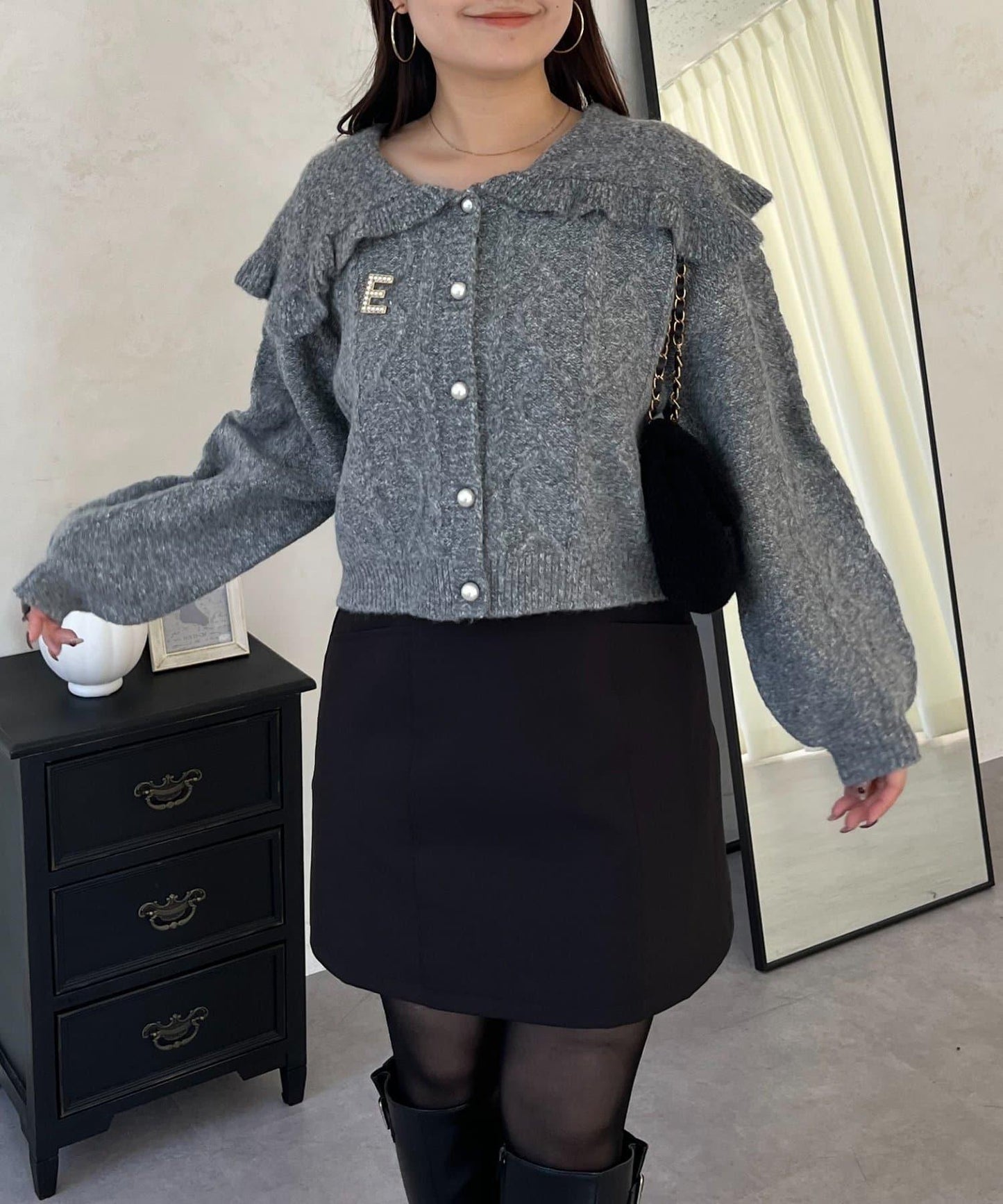 大翻領愛心圖案麻花針織開衫