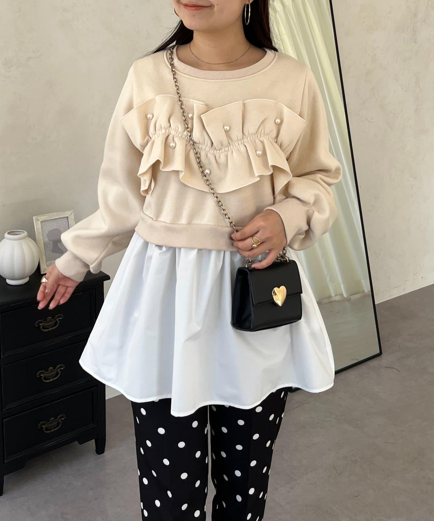 珍珠荷葉邊兩穿拼接衛衣