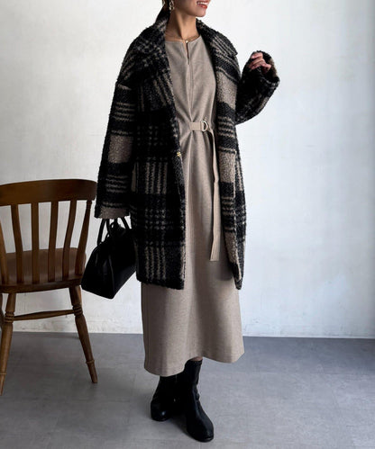 拼接袖呢料連衣裙