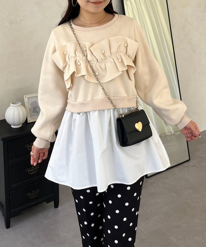 珍珠荷葉邊兩穿拼接衛衣