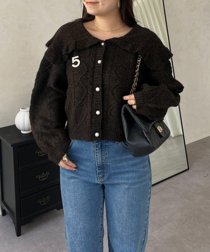 大翻領愛心圖案麻花針織開衫