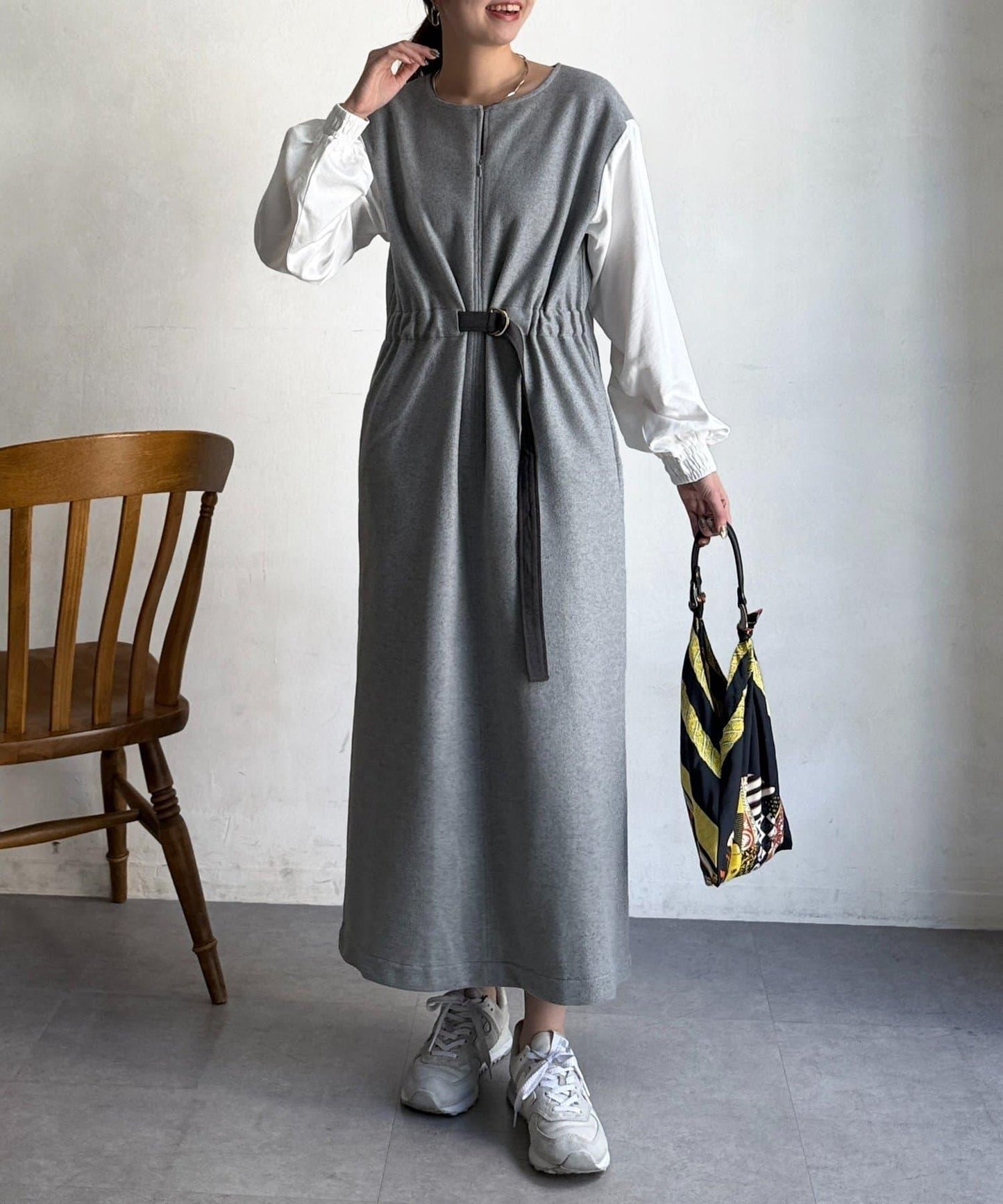 拼接袖呢料連衣裙