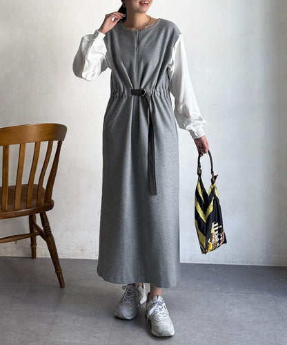 拼接袖呢料連衣裙
