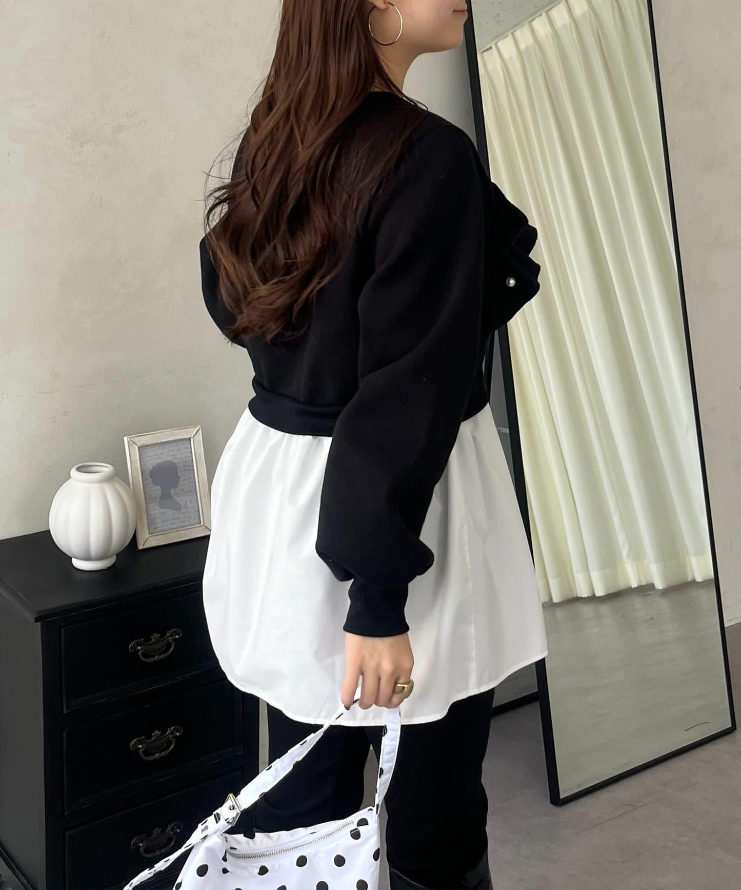 珍珠荷葉邊兩穿拼接衛衣