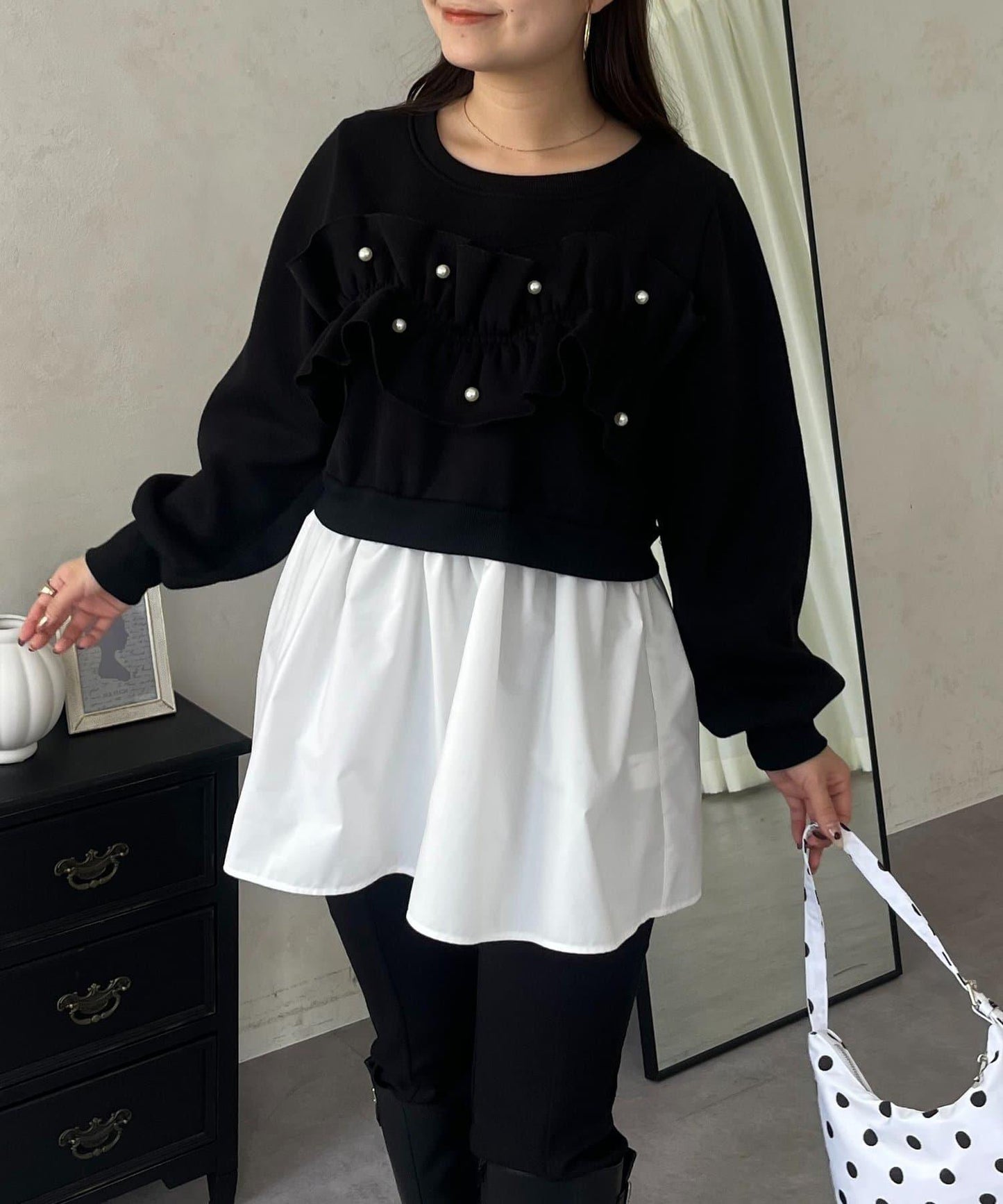 珍珠荷葉邊兩穿拼接衛衣