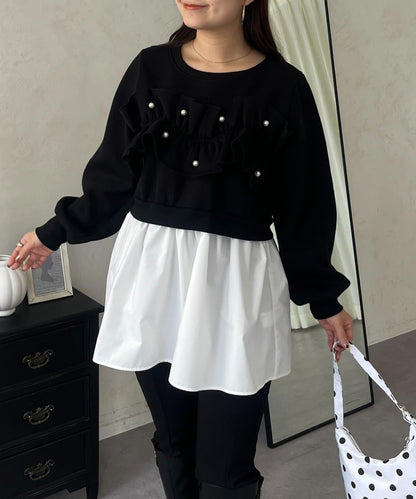 珍珠荷葉邊兩穿拼接衛衣