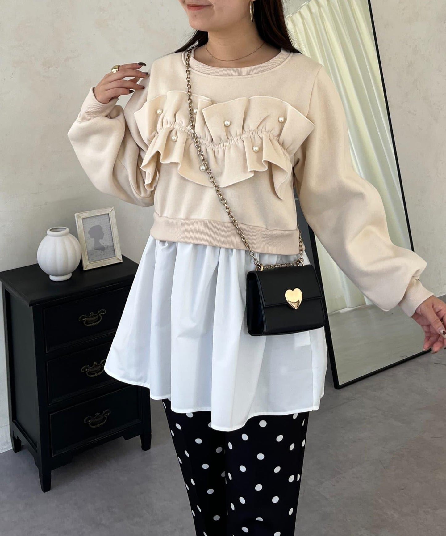 珍珠荷葉邊兩穿拼接衛衣