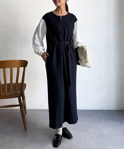 拼接袖呢料連衣裙