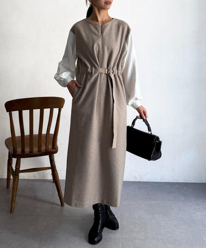 拼接袖呢料連衣裙