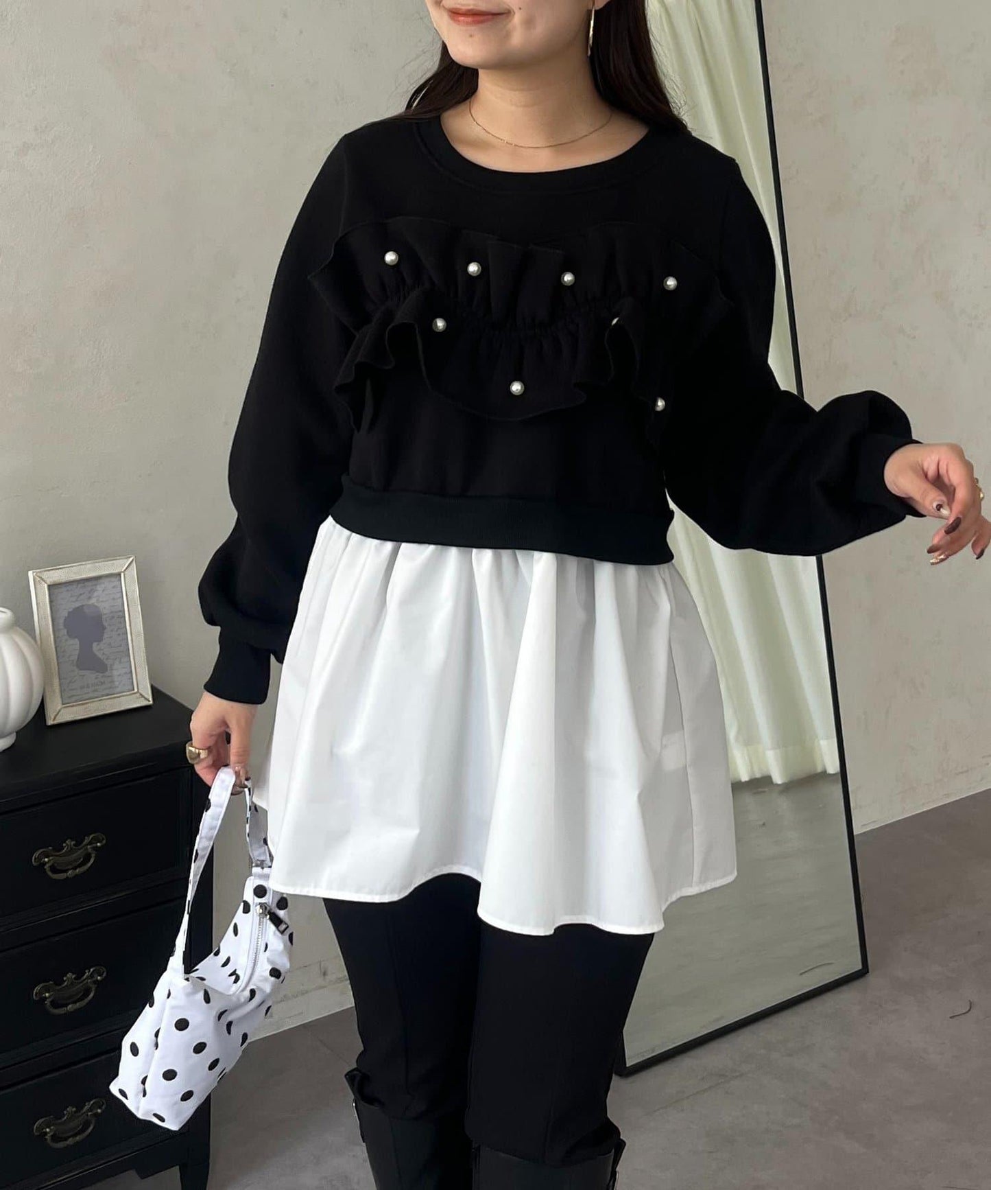 珍珠荷葉邊兩穿拼接衛衣