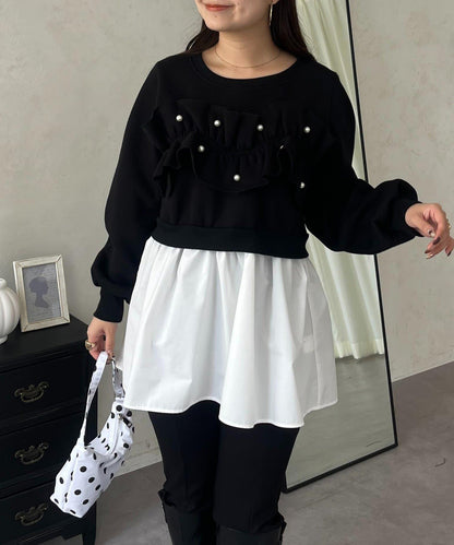 珍珠荷葉邊兩穿拼接衛衣