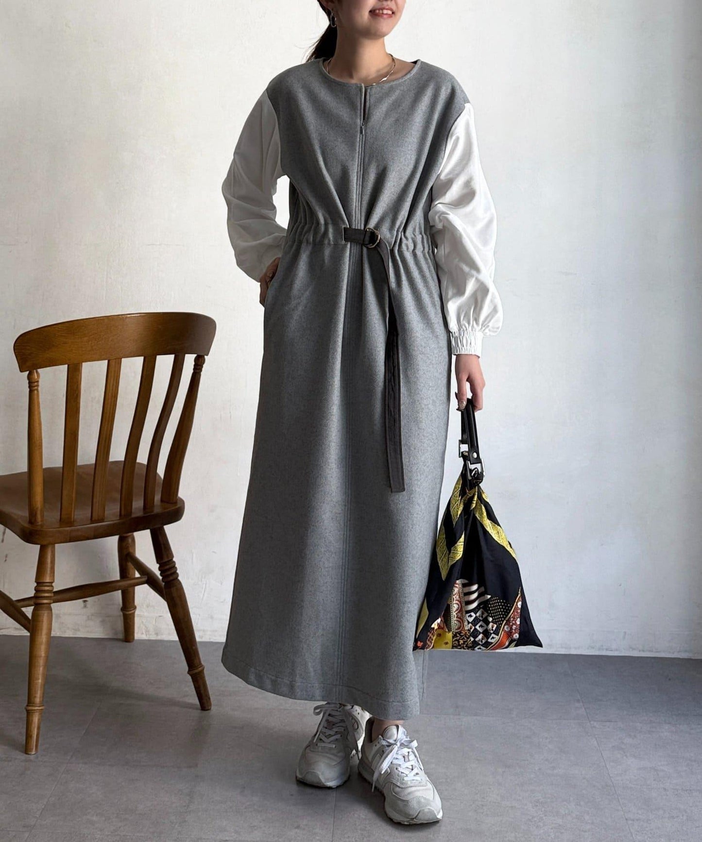 拼接袖呢料連衣裙