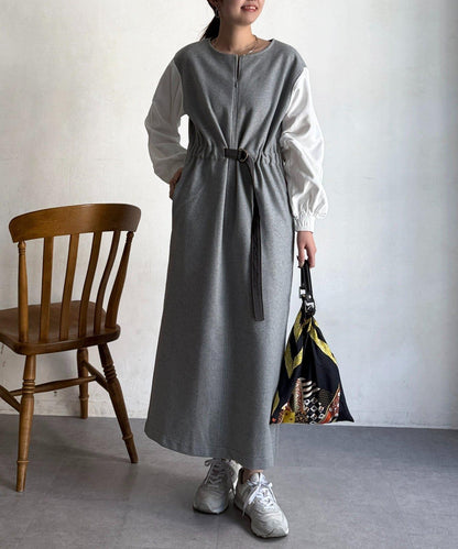 拼接袖呢料連衣裙