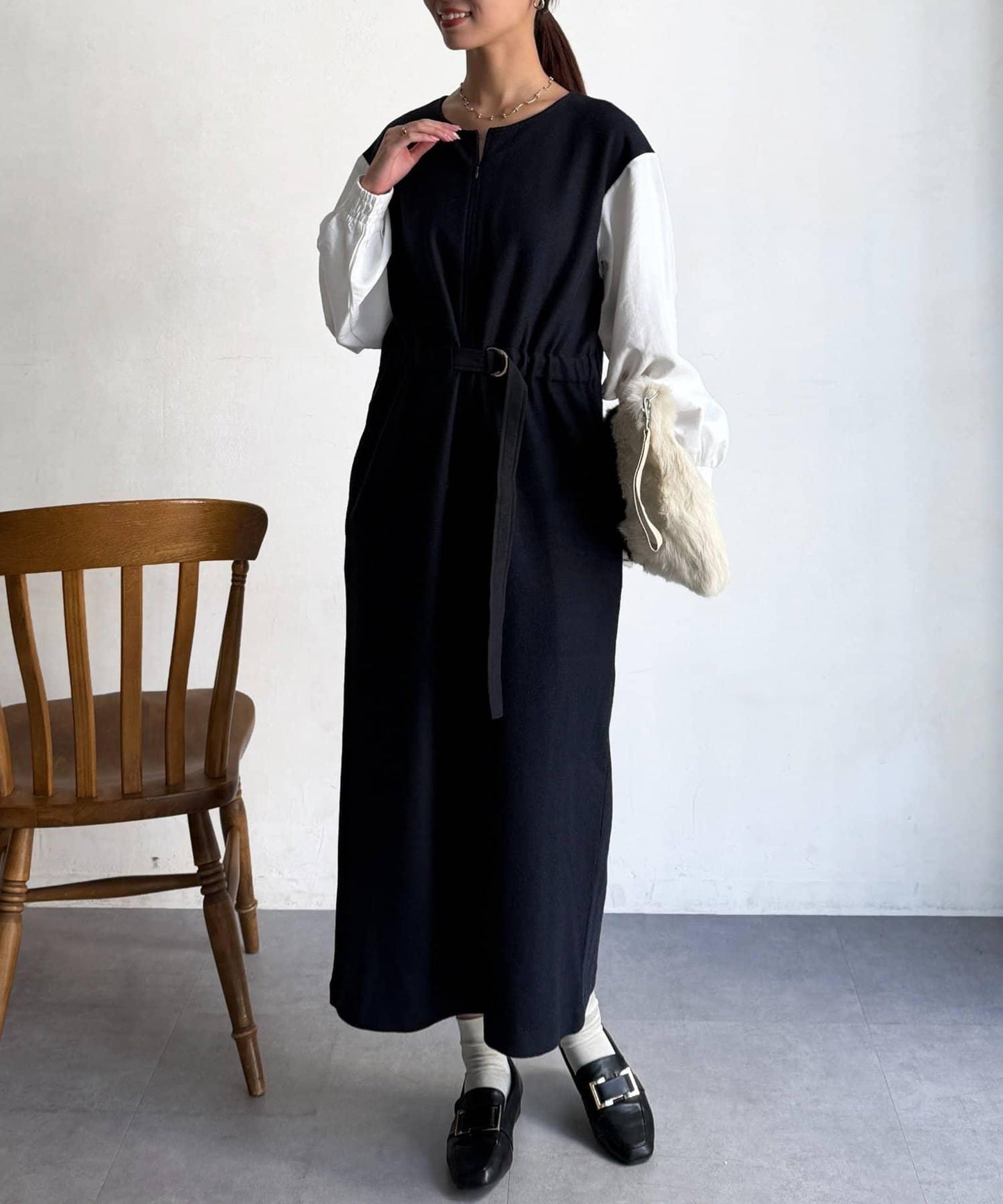 拼接袖呢料連衣裙