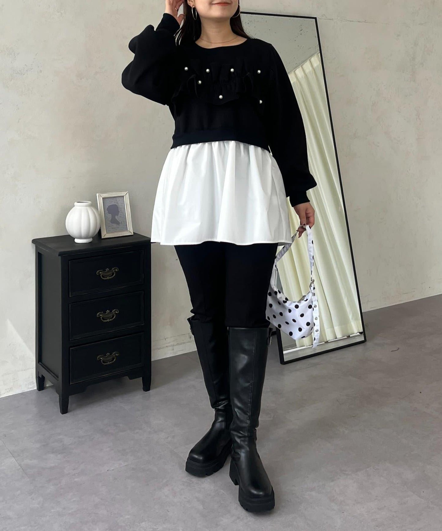 珍珠荷葉邊兩穿拼接衛衣