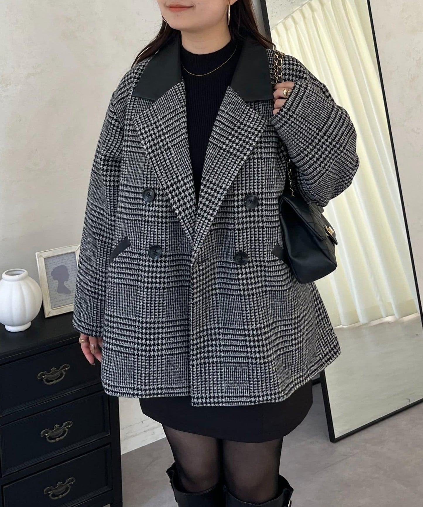 皮革領拼接內襯絎縫格紋大衣