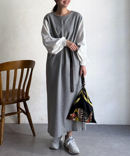 拼接袖呢料連衣裙