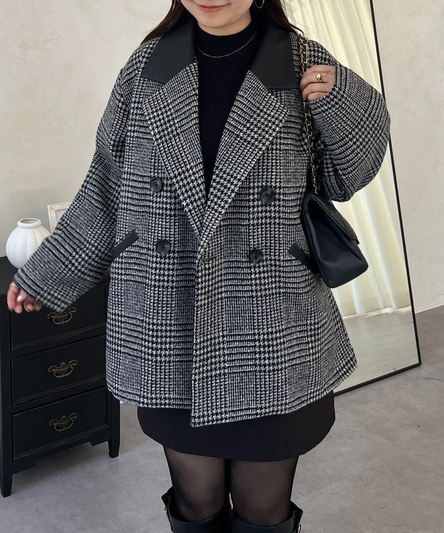 皮革領拼接內襯絎縫格紋大衣