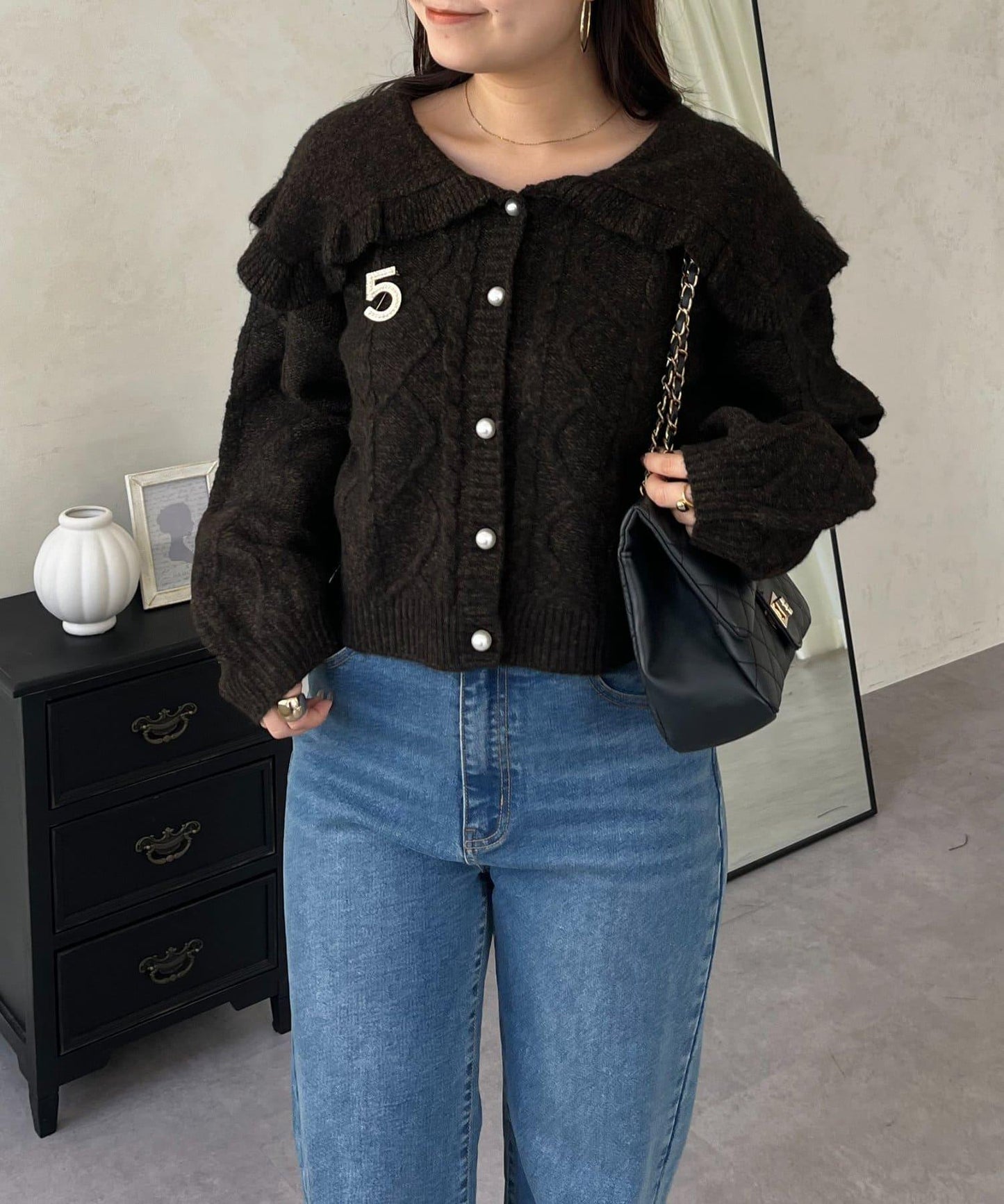 大翻領愛心圖案麻花針織開衫