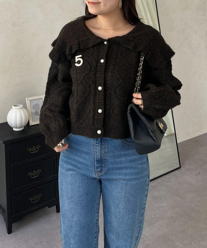 大翻領愛心圖案麻花針織開衫