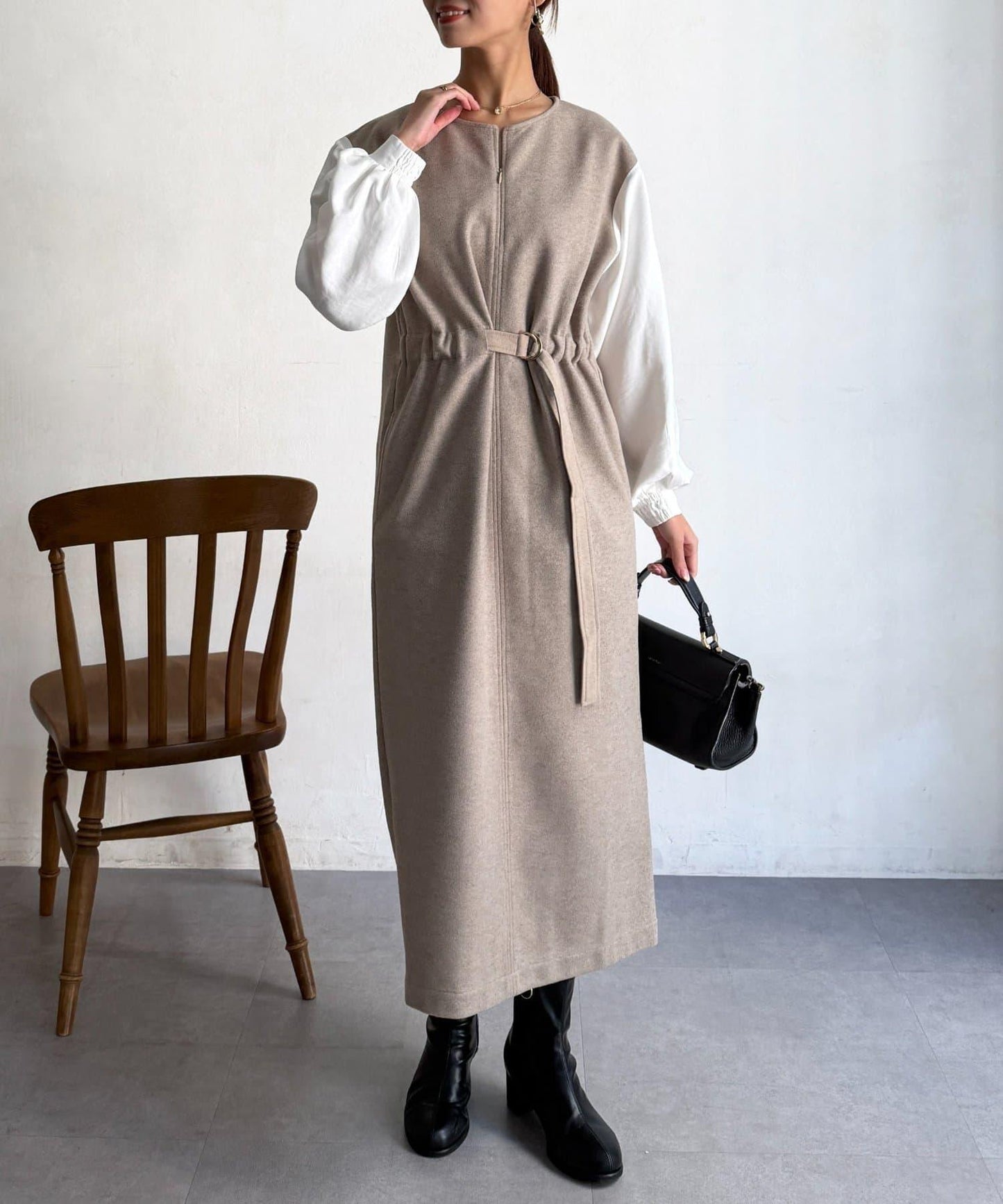 拼接袖呢料連衣裙