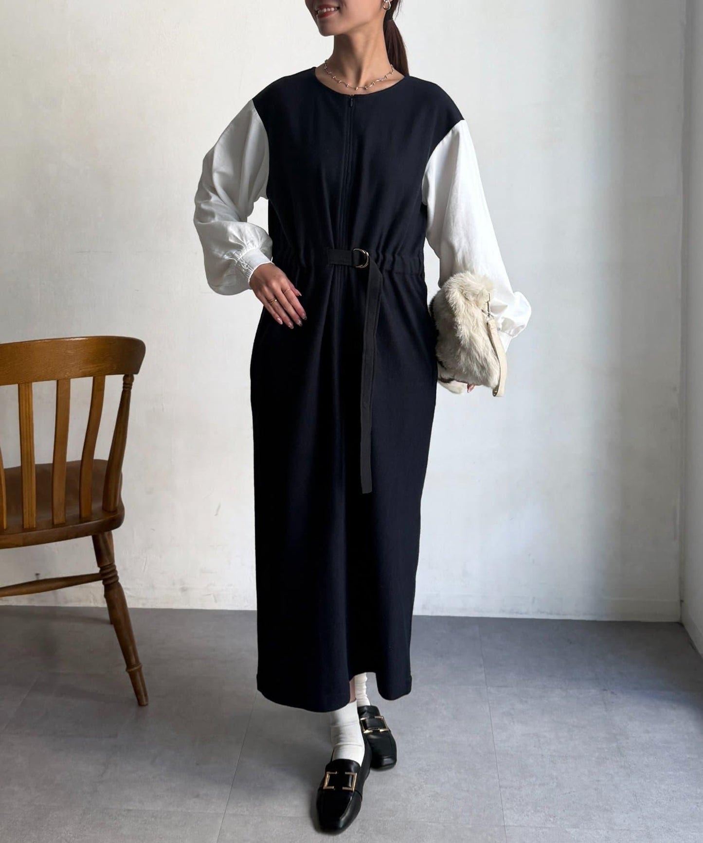 拼接袖呢料連衣裙