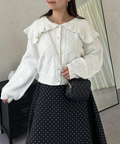 大翻領愛心圖案麻花針織開衫