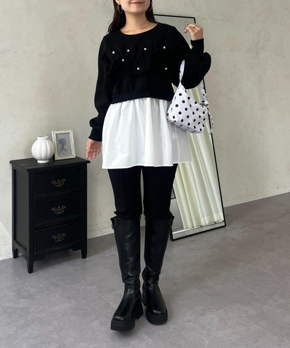 珍珠荷葉邊兩穿拼接衛衣