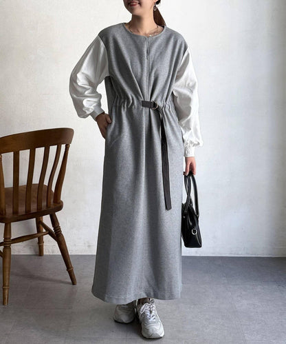 拼接袖呢料連衣裙