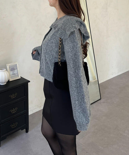 大翻領愛心圖案麻花針織開衫