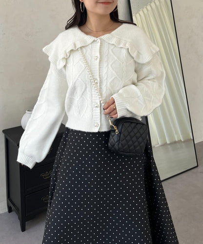 大翻領愛心圖案麻花針織開衫