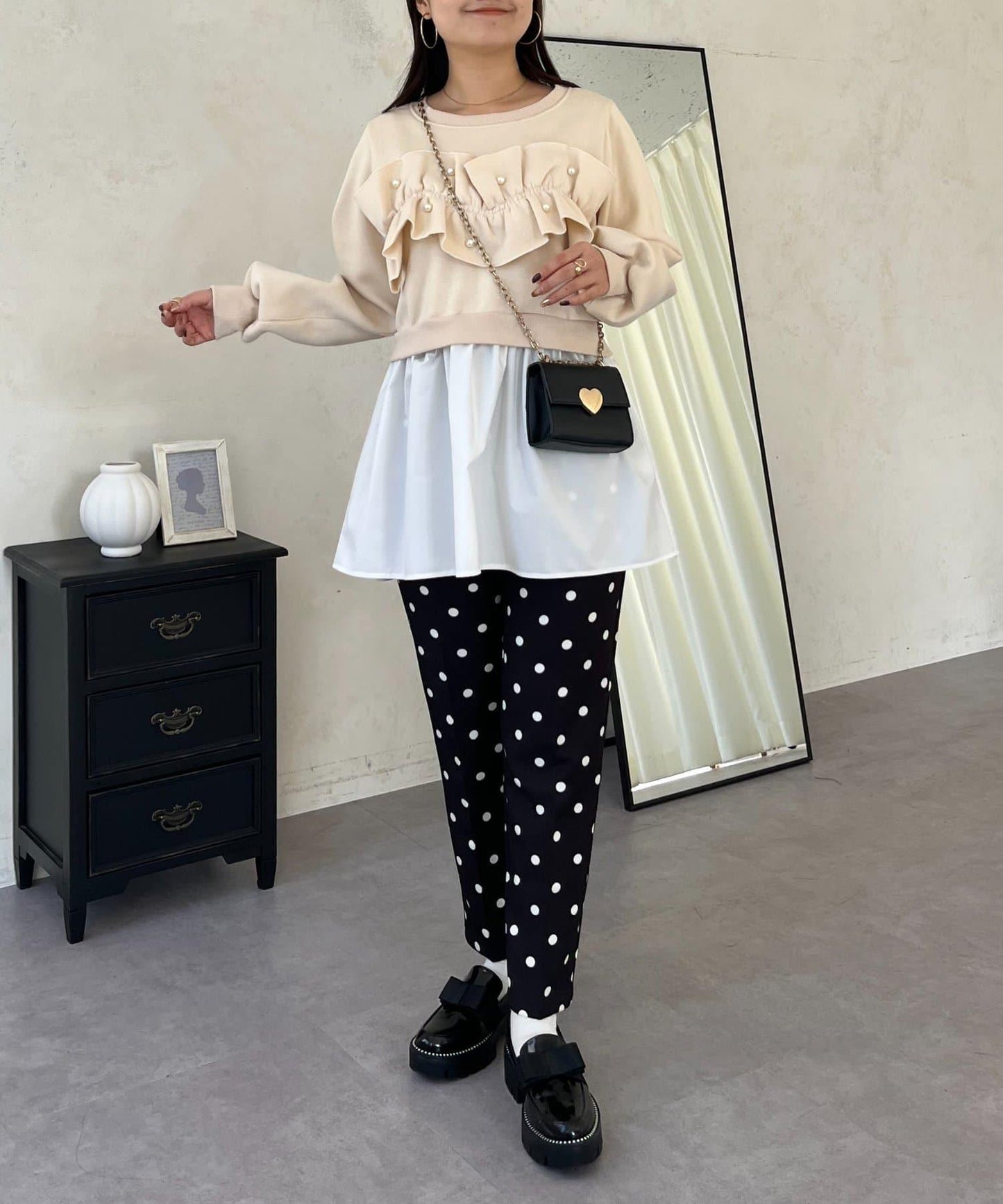 珍珠荷葉邊兩穿拼接衛衣