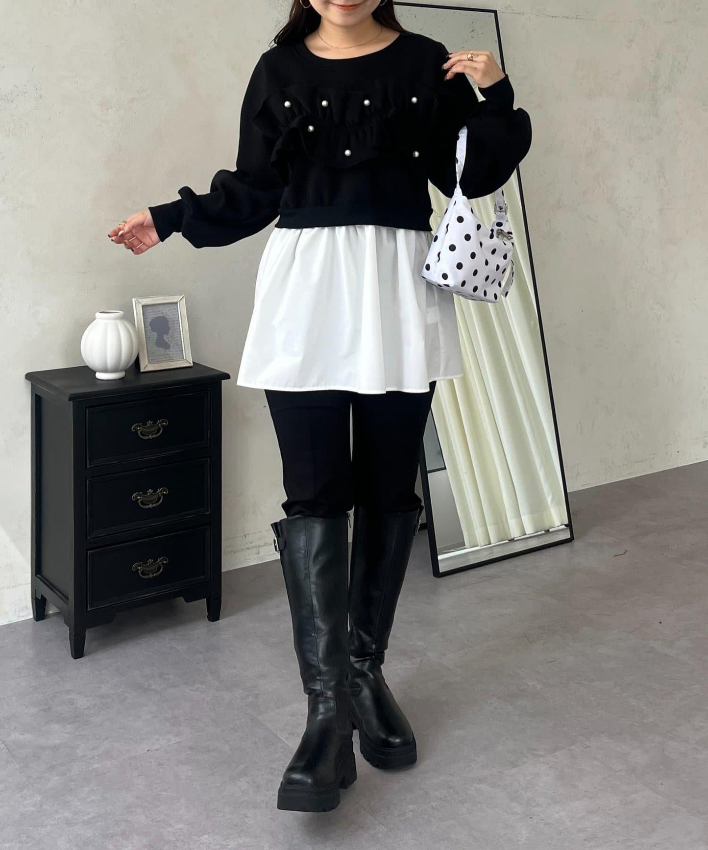 珍珠荷葉邊兩穿拼接衛衣