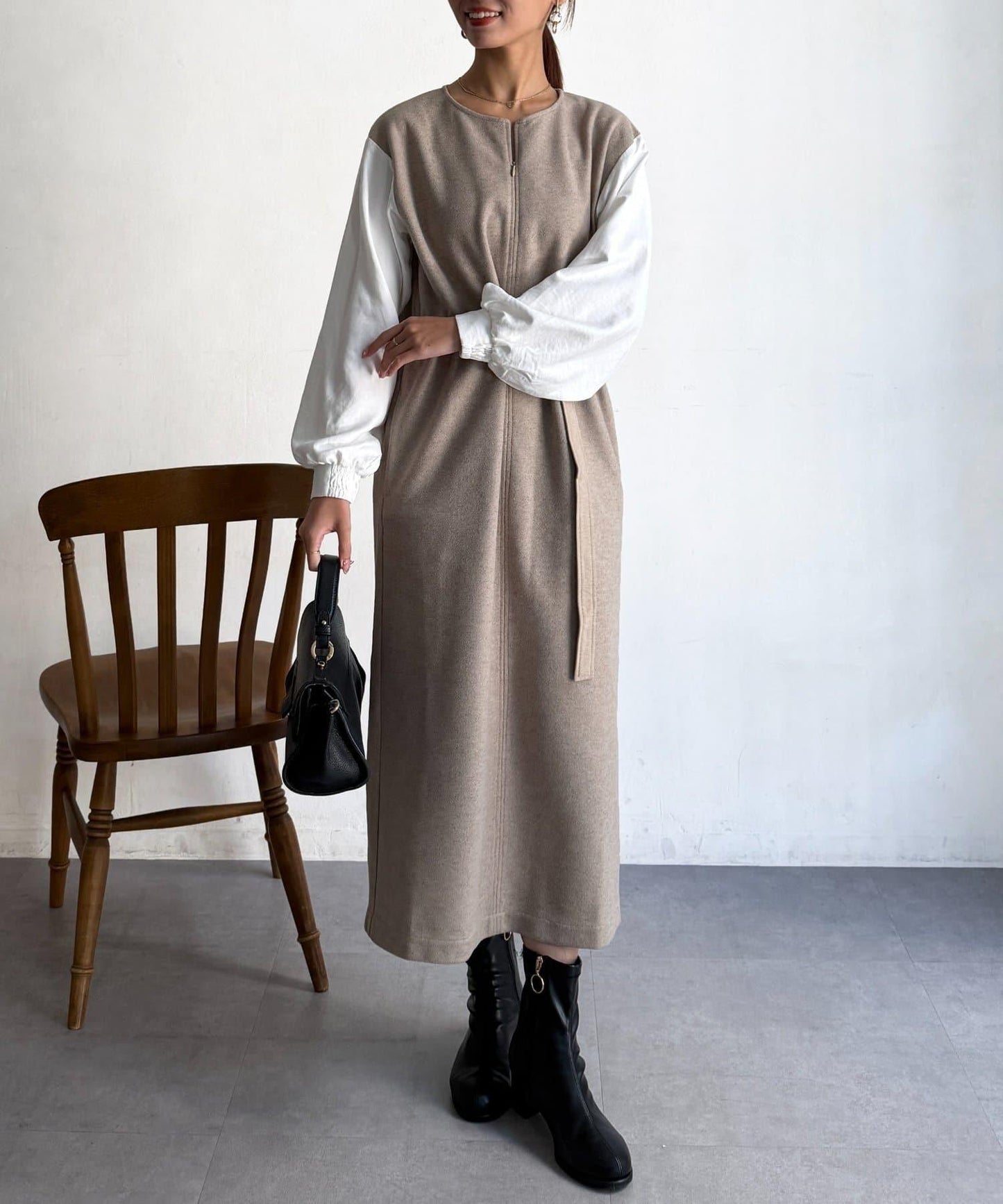 拼接袖呢料連衣裙