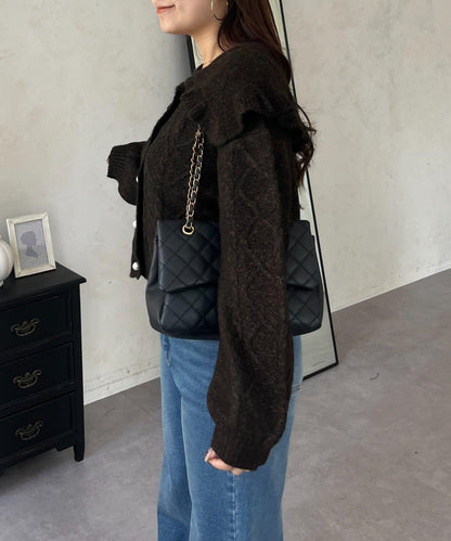 大翻領愛心圖案麻花針織開衫