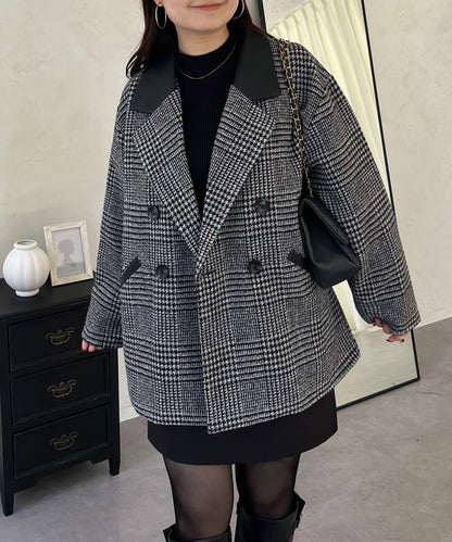 皮革領拼接內襯絎縫格紋大衣