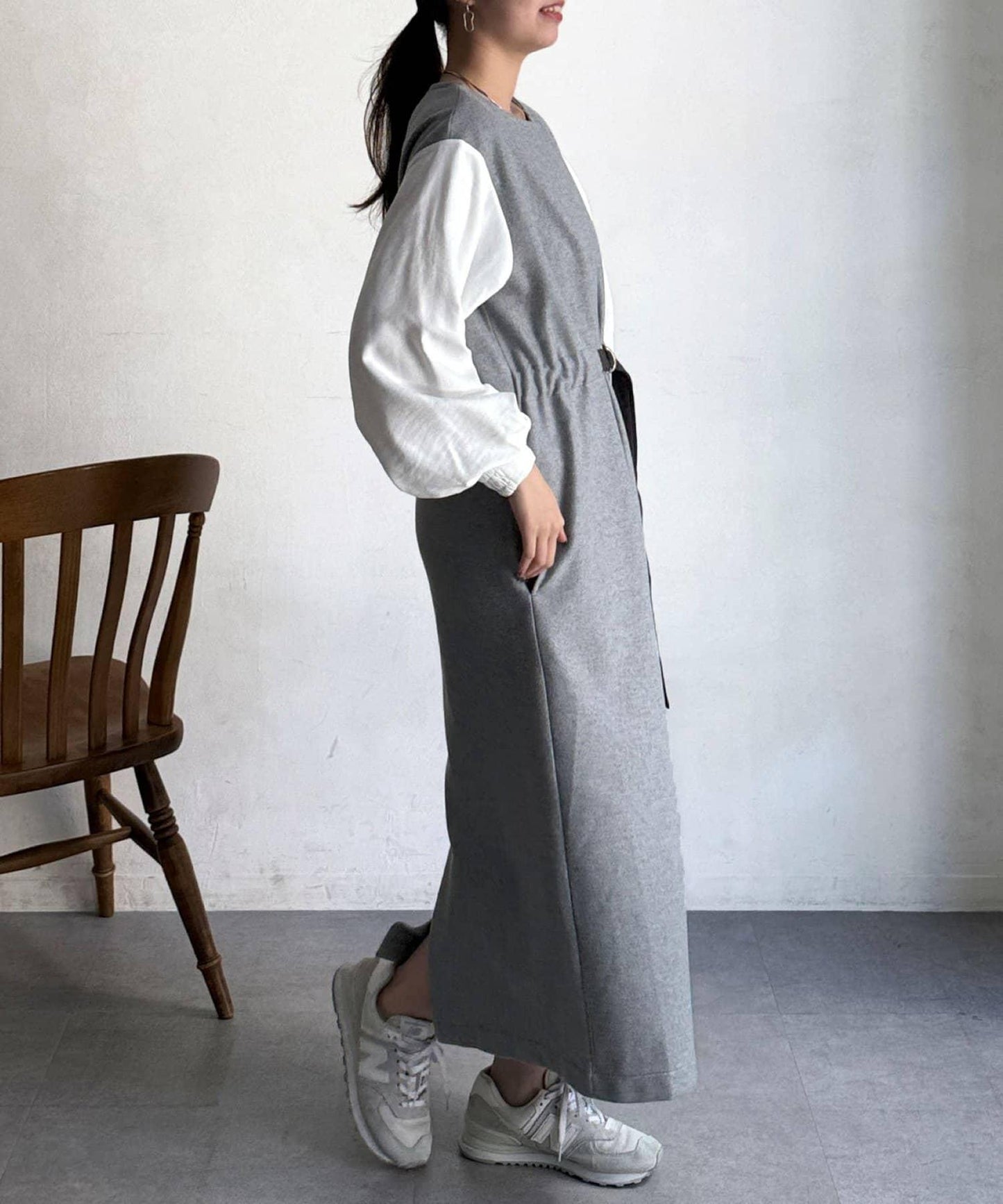 拼接袖呢料連衣裙