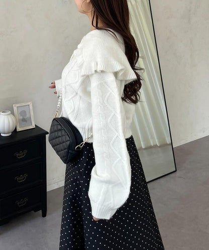 大翻領愛心圖案麻花針織開衫