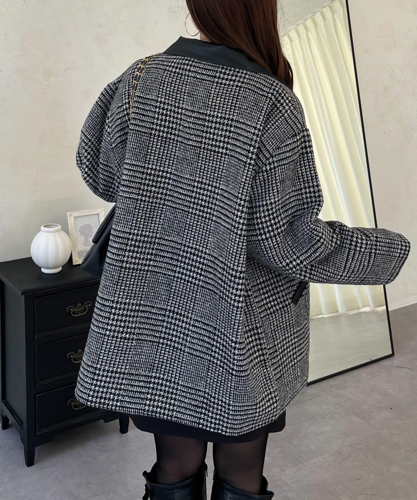 皮革領拼接內襯絎縫格紋大衣