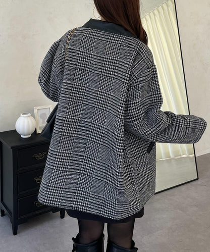 皮革領拼接內襯絎縫格紋大衣
