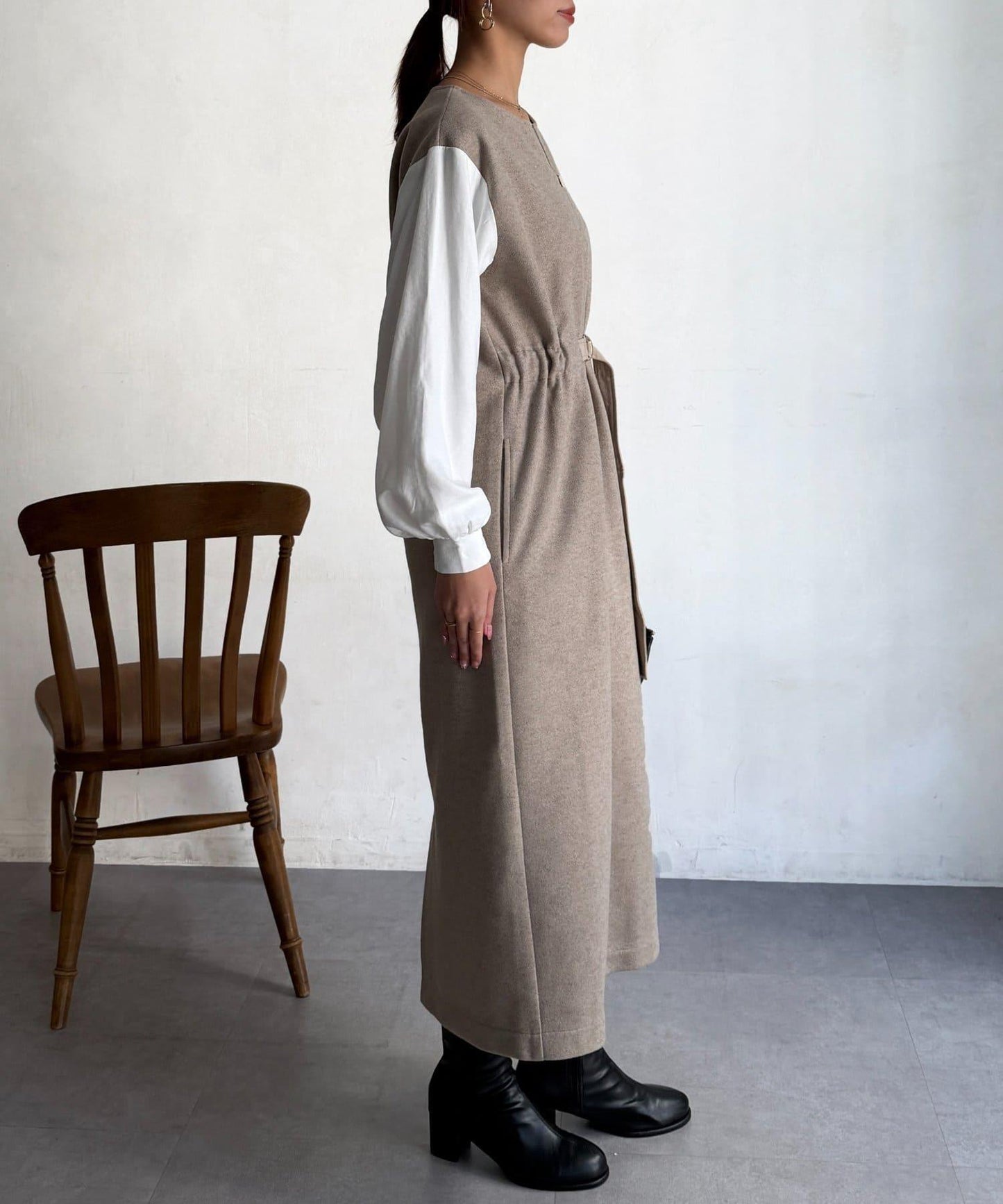 拼接袖呢料連衣裙