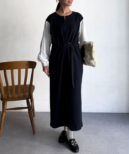 拼接袖呢料連衣裙