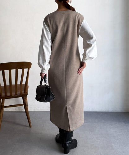 拼接袖呢料連衣裙