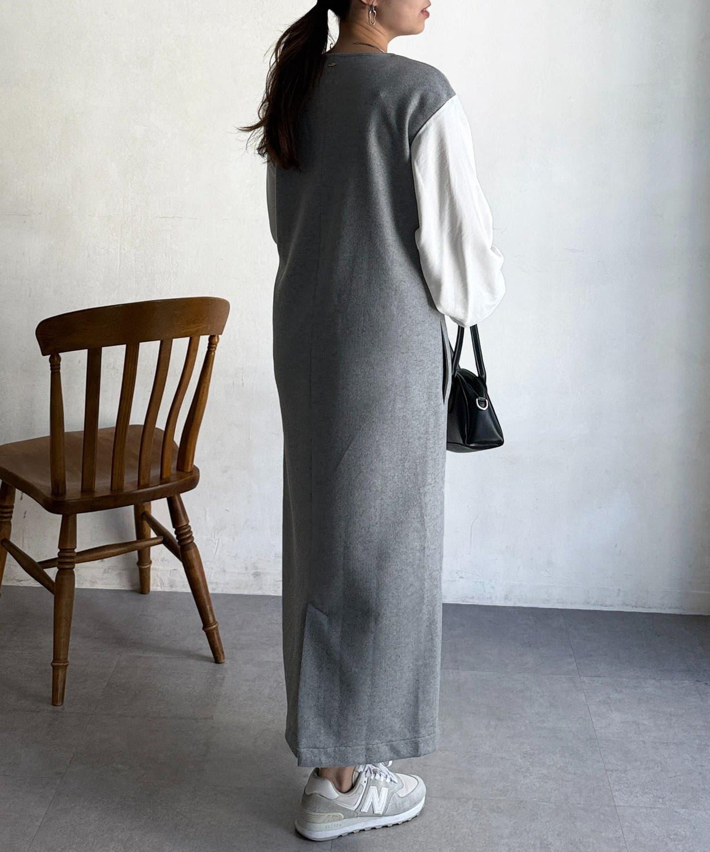 拼接袖呢料連衣裙