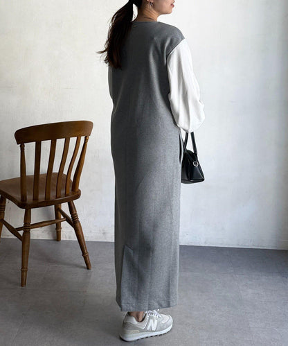拼接袖呢料連衣裙