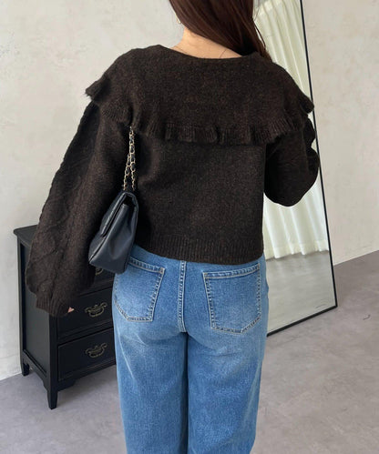 大翻領愛心圖案麻花針織開衫