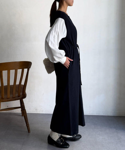 拼接袖呢料連衣裙