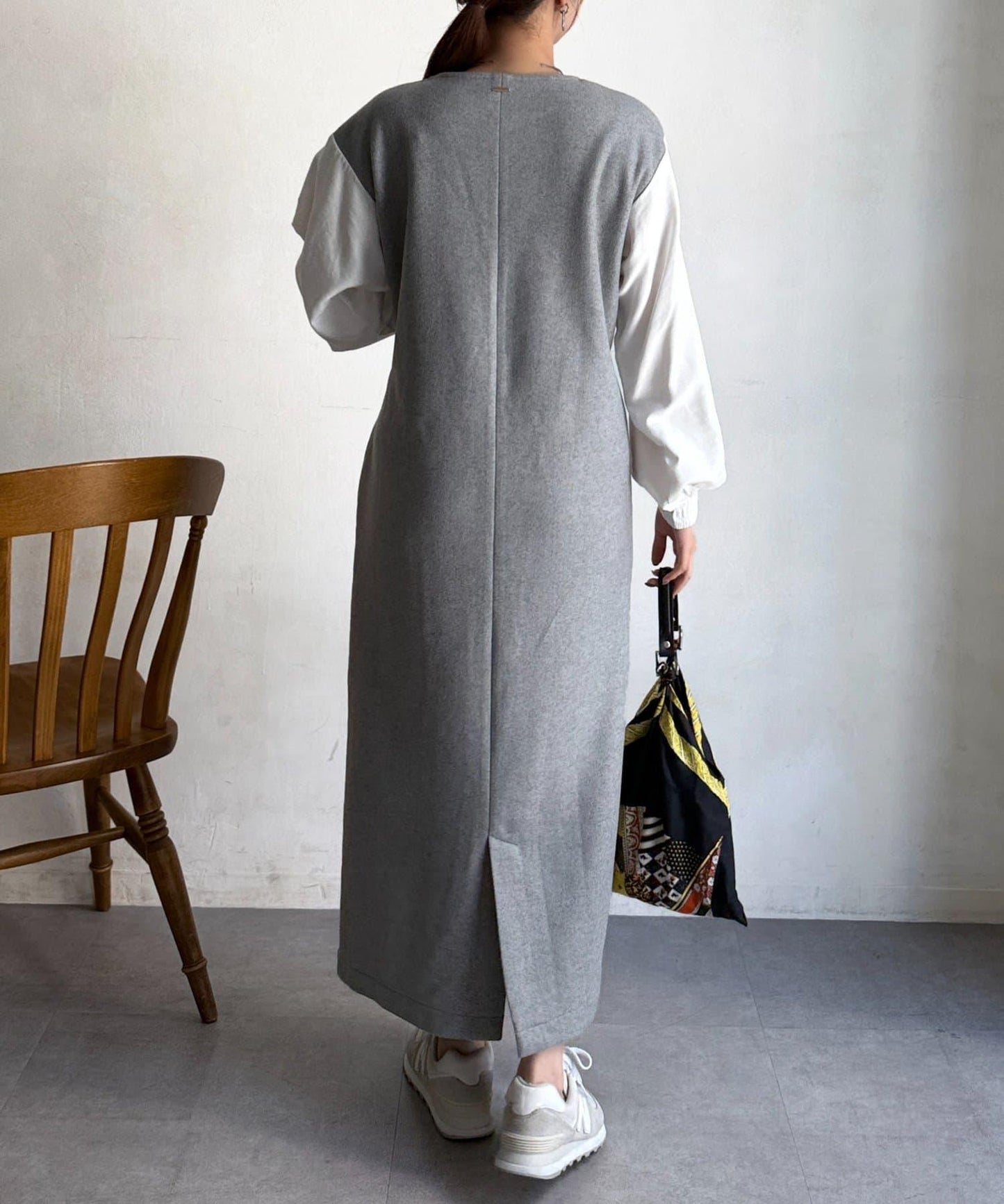 拼接袖呢料連衣裙