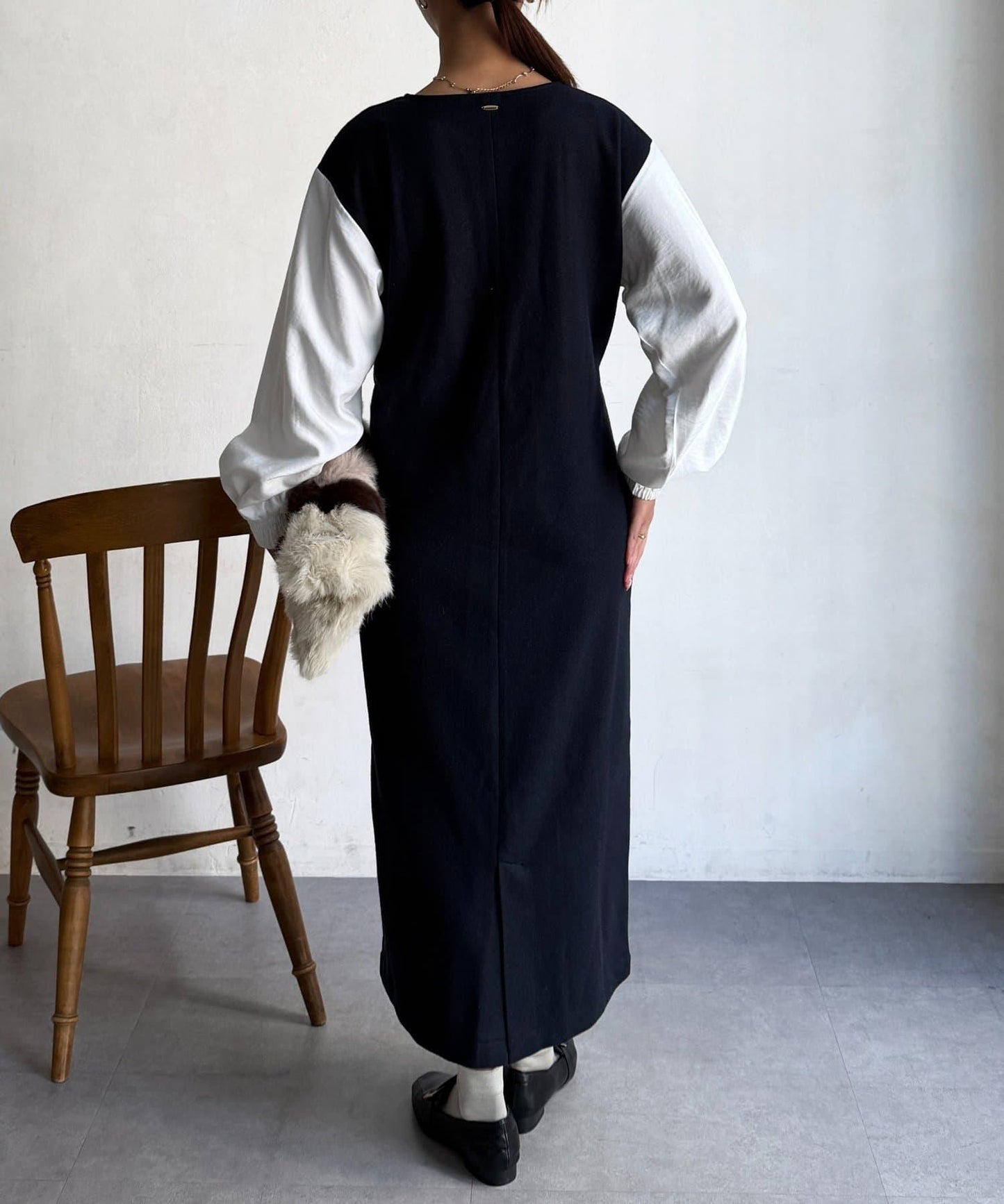 拼接袖呢料連衣裙