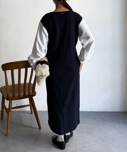 拼接袖呢料連衣裙